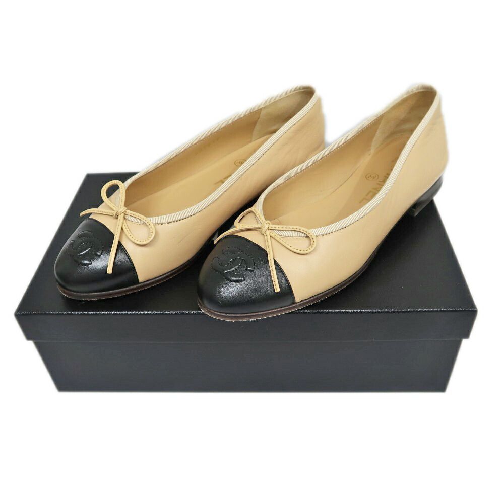 名東】シャネル バレリーナ パンプス G02819 ベージュ ブラック サイズ