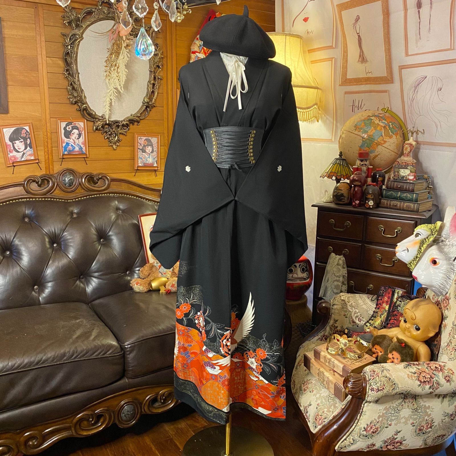 黒留袖 着物 リメイク ワンピース ドレス ロング 和洋折衷 洗える 化繊