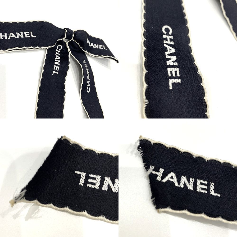 シャネル リボンブローチ ロゴ刺繍 ブラック×ホワイト CHANEL ABランク