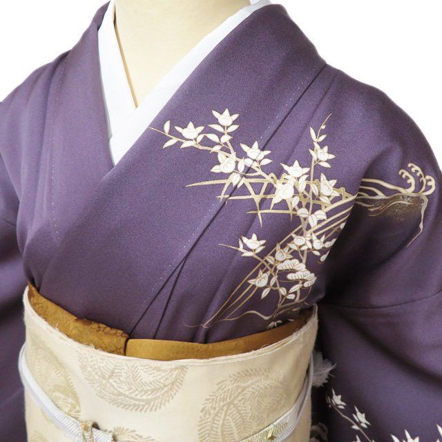 訪問着 着物 中古 正絹 袷 フォーマル 金駒刺繍 花の図 松竹梅 橘 波文