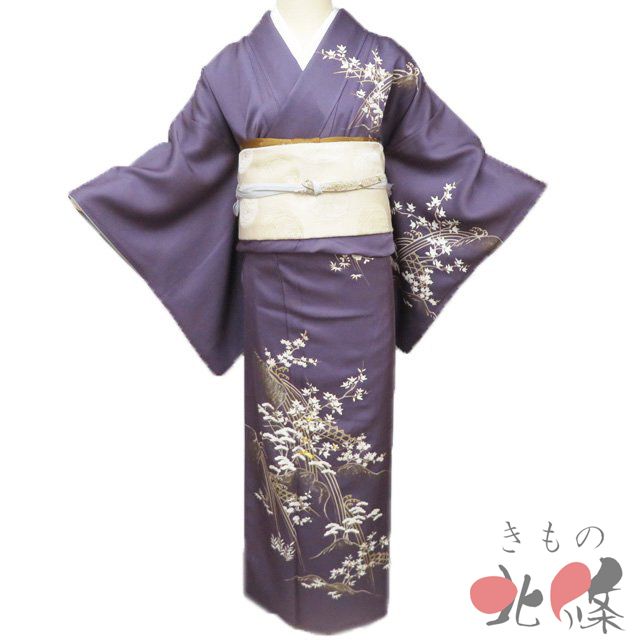 訪問着 着物 中古 正絹 袷 フォーマル 金駒刺繍 花の図 松竹梅 橘 波文