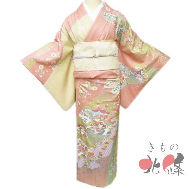 特選 訪問着 着物 中古 正絹 袷 フォーマル 金駒刺繍 絞り染め 花の図