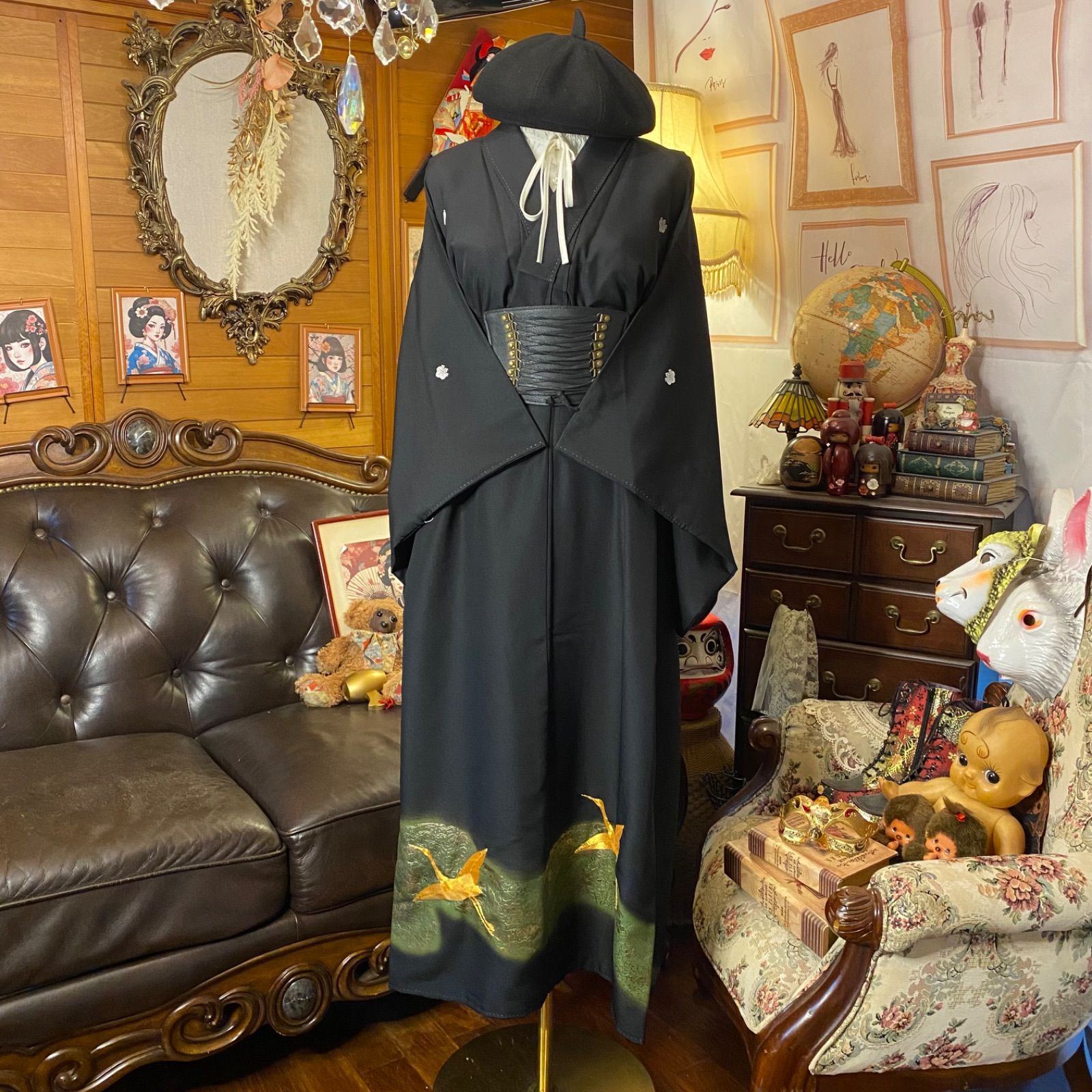 黒留袖 着物 リメイク ワンピース ドレス ロング 和洋折衷 洗える 化繊