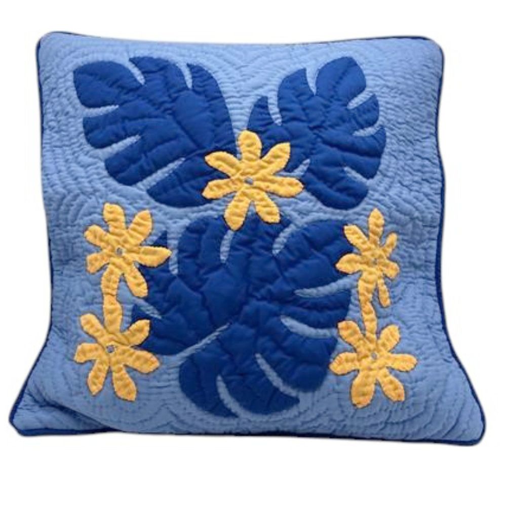 新品】ハワイアンキルト クッションカバー ブルー モンステラ ティアレ