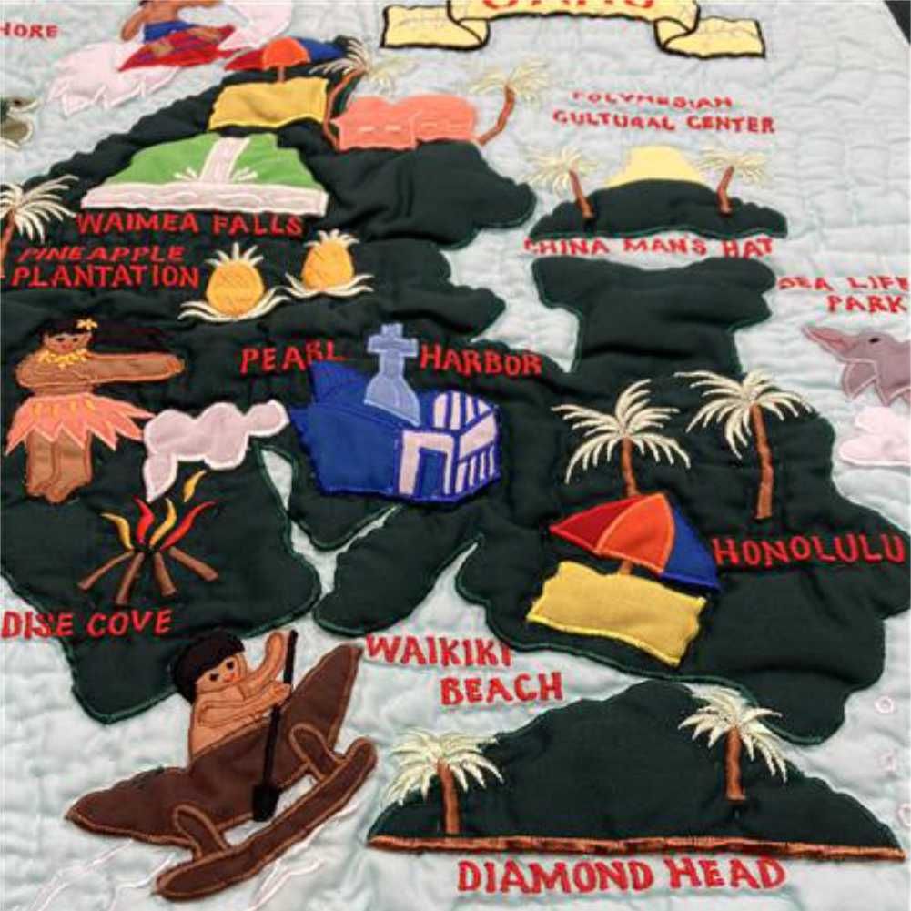 新品】ハワイアンキルト クッションカバー ブルー オアフ島 地図柄