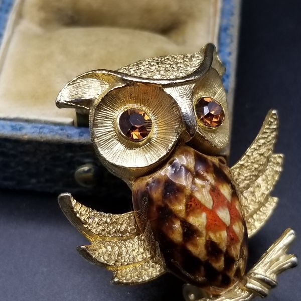 60'70's 木にとまるフクロウ ヴィンテージ ブローチ ゴールドトーン 鳥
