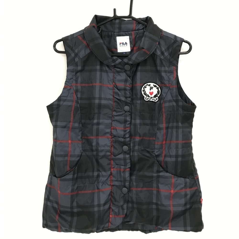 【超美品】フィラゴルフ 中綿ベスト ダークグレー×黒 チェック柄 胸元ワッペン スナップボタン レディース L ゴルフウェア FILA GOLF