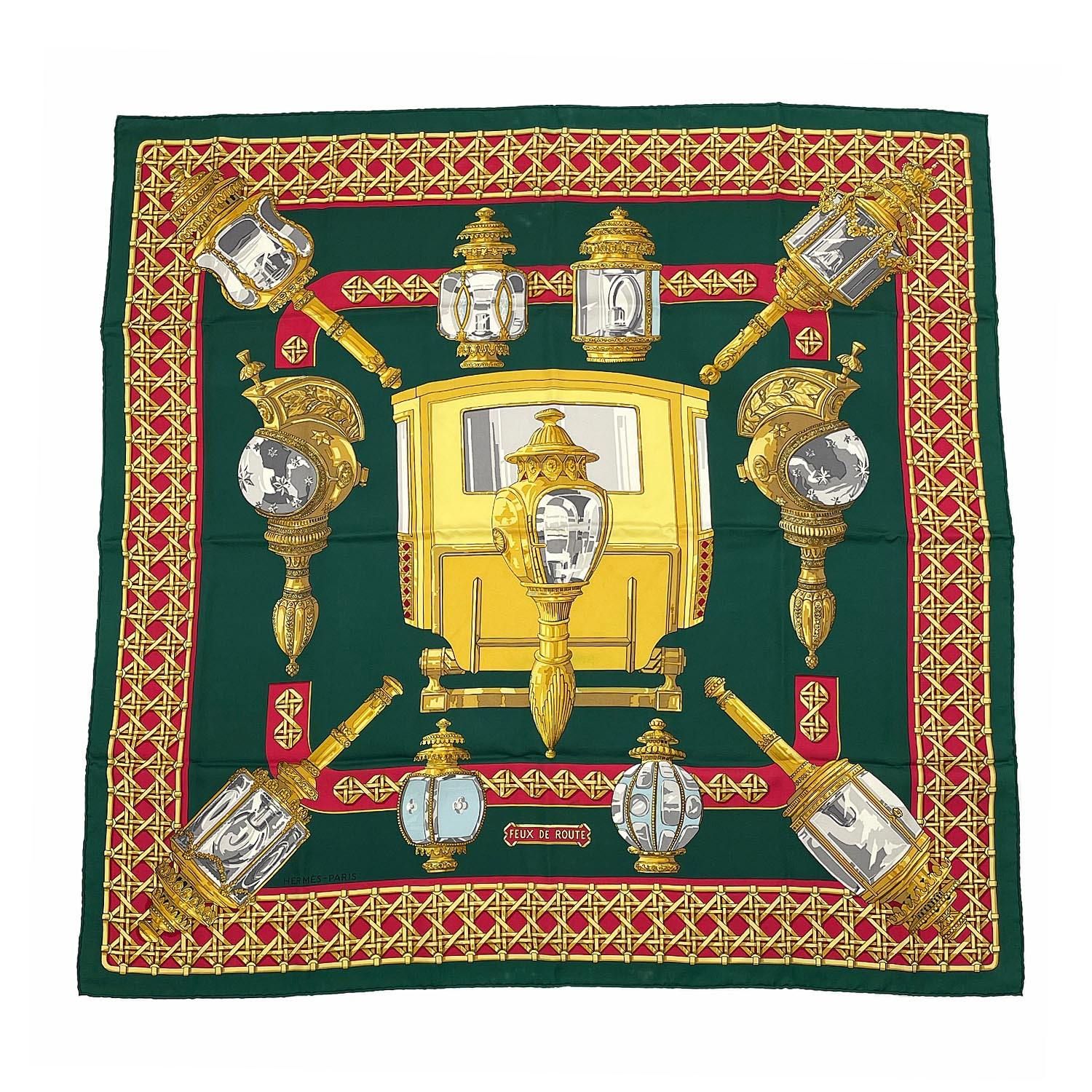 HERMES カレ90 FEUX DE ROUTE 馬車のランタン シルクスカーフ ランプ