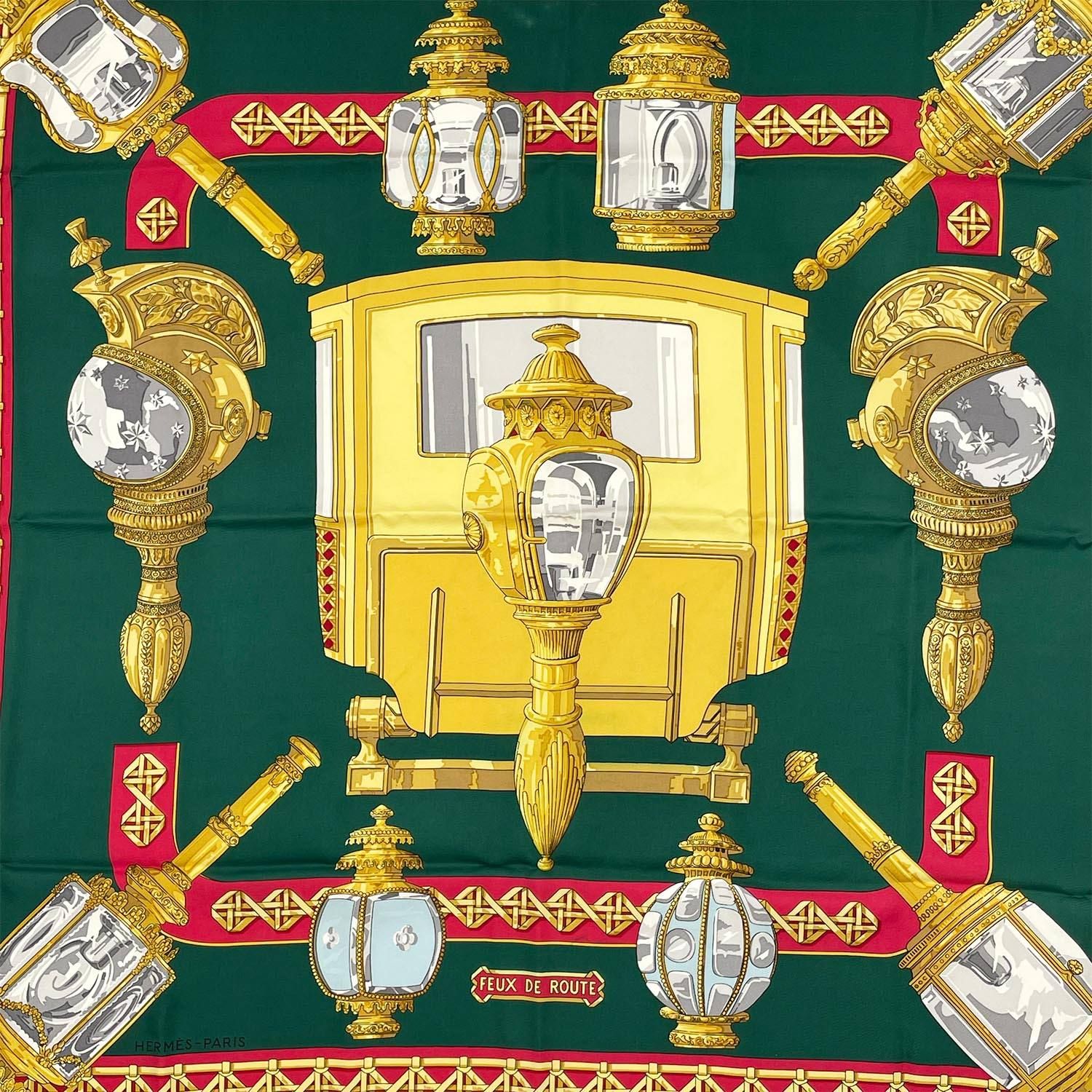HERMES カレ90 FEUX DE ROUTE 馬車のランタン シルクスカーフ ランプ