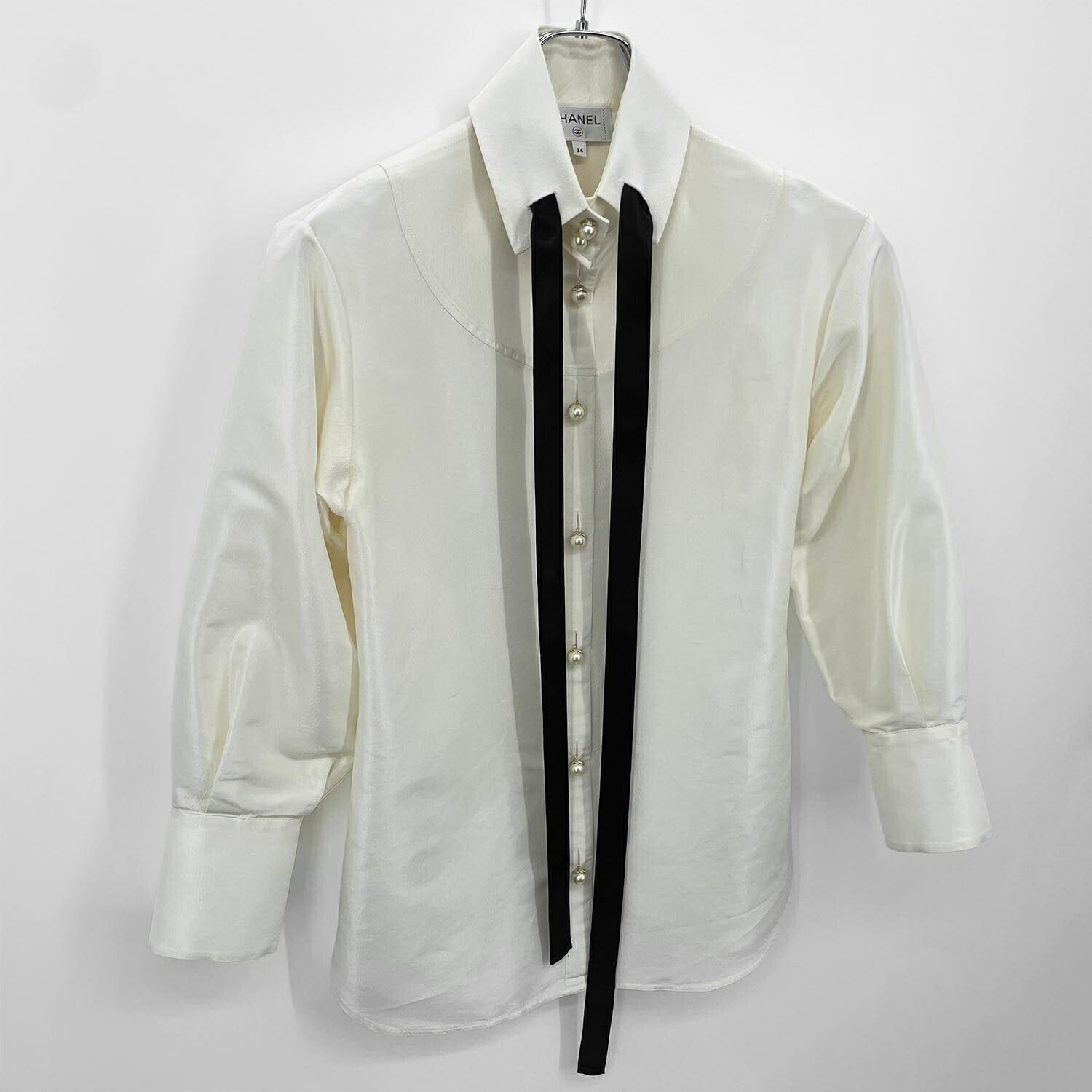 CHANEL シャネル シルク ブラウス サイズ34 リボン パール ボウタイ