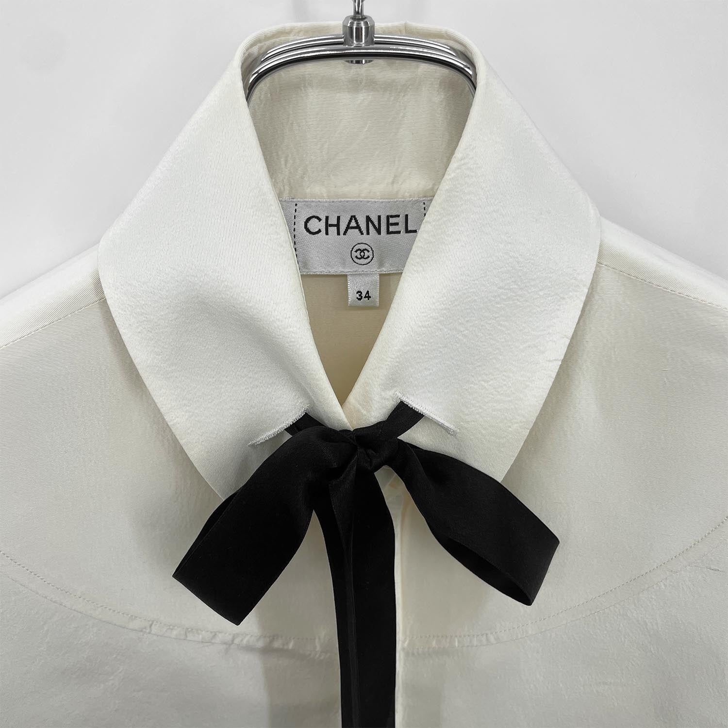 シャネル　CHANEL ボウタイ　リボン　シルク　ブラウス CHANEL シャネル シルク ブラウス サイズ34 リボン パール ボウタイ