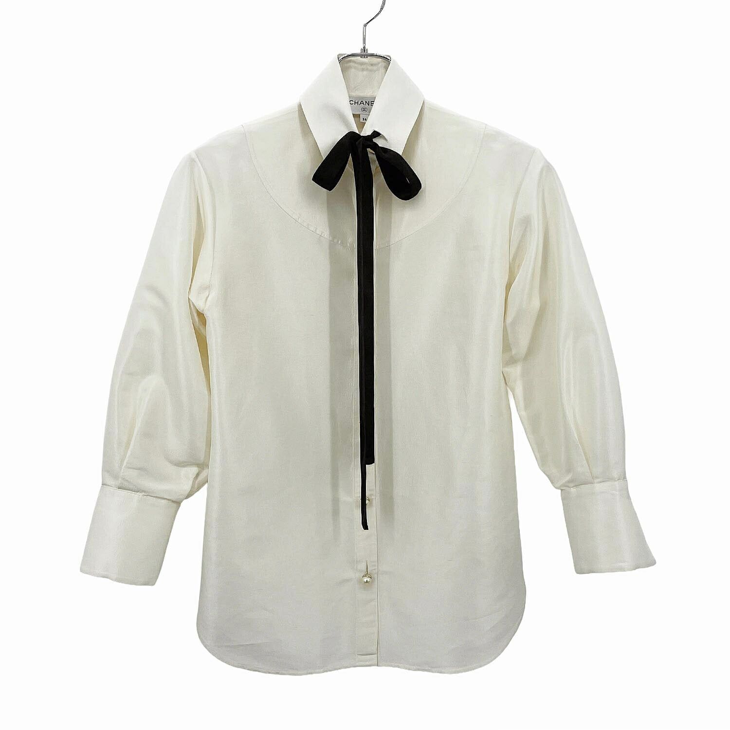 CHANEL シャネル シルク ブラウス サイズ34 リボン パール ボウタイ