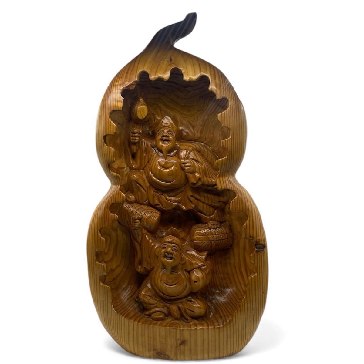 特大サイズ 布袋様・大黒天 瓢箪型 縁起物 七福神 縁起 木製 当時物 木彫り 大黒天 大黒様 恵比寿様 恵比寿天 15cm 商売繁盛 神棚 七福神 金運