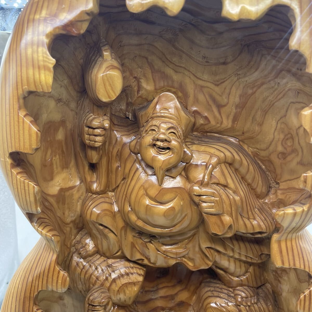 特大サイズ 木彫り 布袋様・大黒天 瓢箪型 縁起物 置物 七福神風 縁起