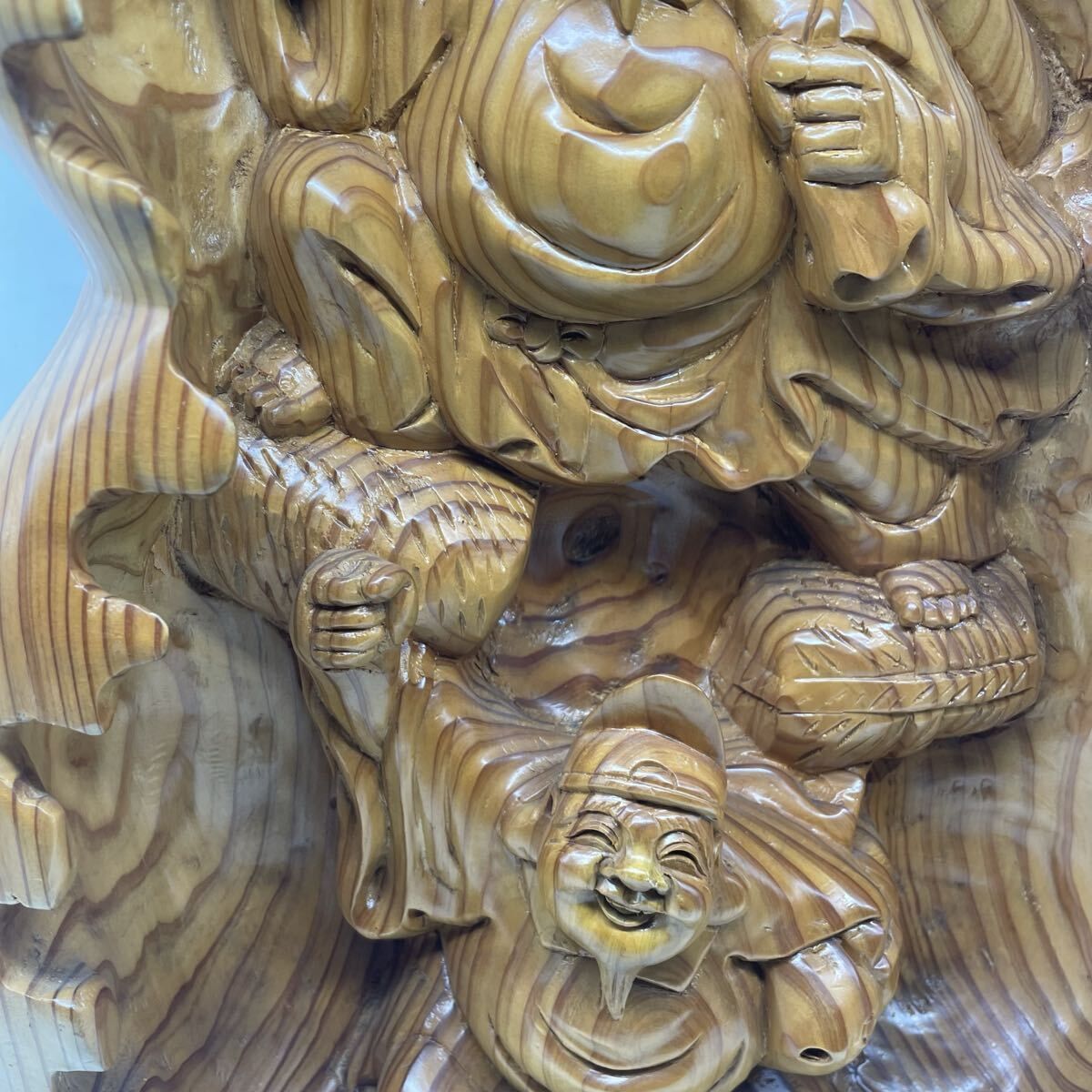 特大サイズ 木彫り 布袋様・大黒天 瓢箪型 縁起物 置物 七福神風 縁起
