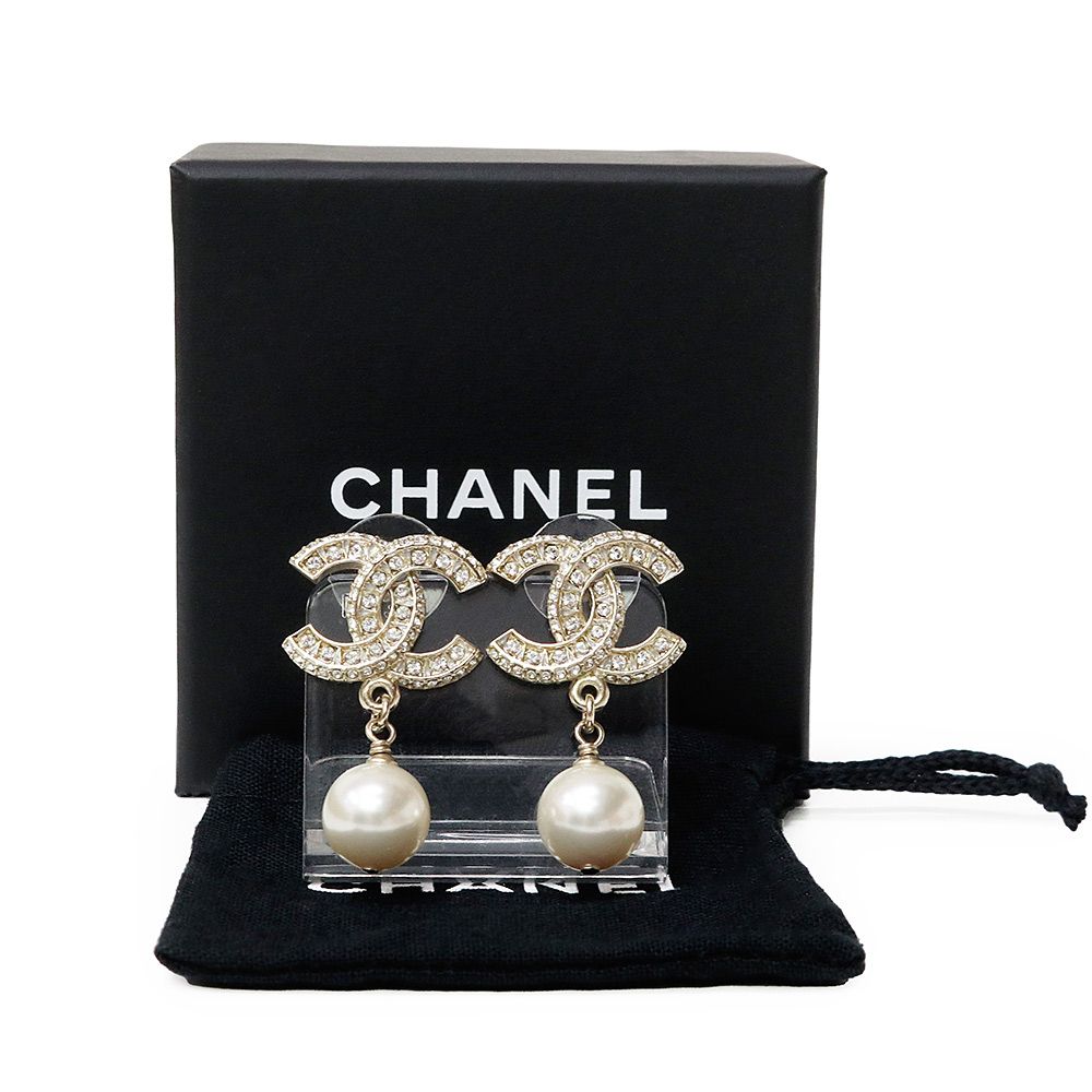 シャネル ココマーク ラインストーン パール スイング ピアス ゴールド