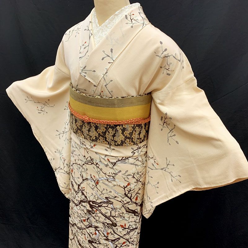 601aa7◇アンティーク着物 雪持ち枝 一方付け 大正ロマン 昭和レトロ