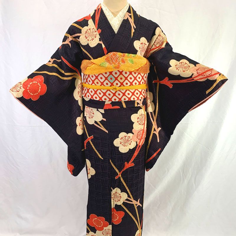 601aa5◇アンティーク着物 紅白梅 レトロモダン 大正ロマン 昭和レトロ
