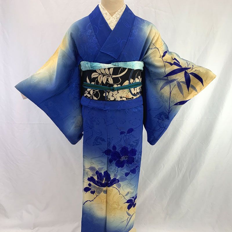 601aa12◇アンティーク着物 牡丹 竹 刺繍 レトロモダン 大正ロマン