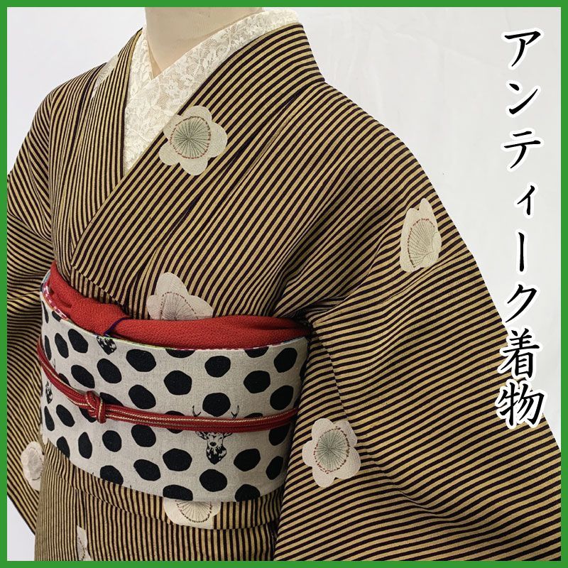 601aa6◇アンティーク着物 細縞 梅 レトロモダン 大正ロマン 昭和
