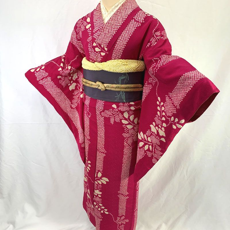 601aa15◇アンティーク着物 竹に桐 絞り締め レトロモダン 大正ロマン