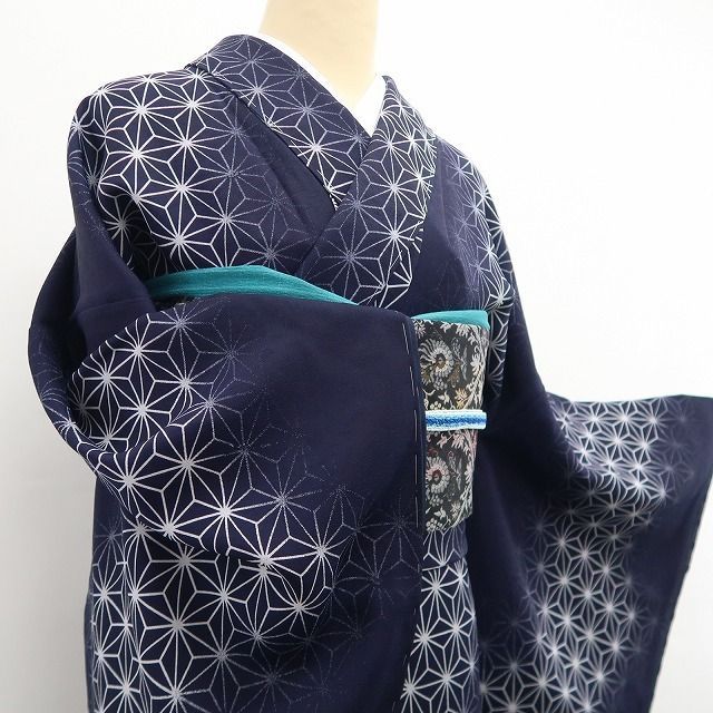 ❁tomihisa❁未着用 橋詰清貴 落款 麻の葉 着物 正絹 仕付け糸付 藍染