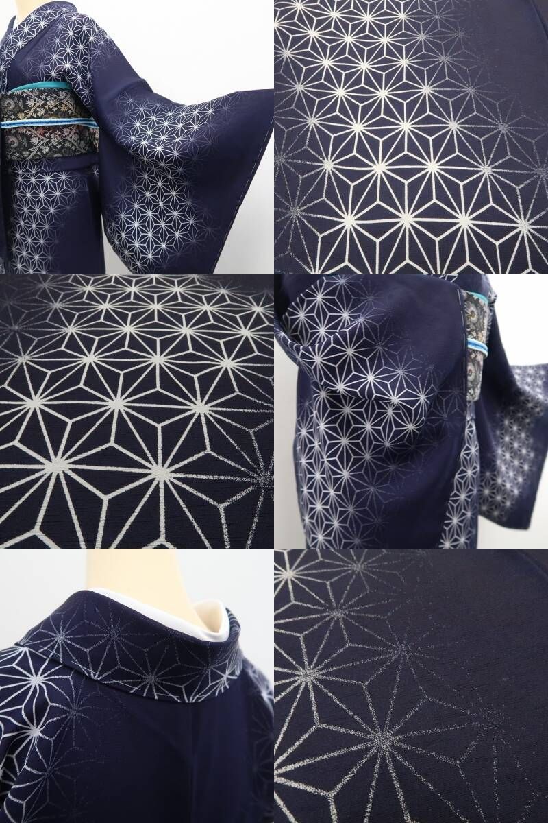 新品 未使用 正絹 単衣 胴抜き 藍紬 訪問着 絞り染め 刺子 葉 麻の葉 青系 ❁tomihisa❁未着用 橋詰清貴 落款 麻の葉 着物 正絹 仕付け糸付 藍染