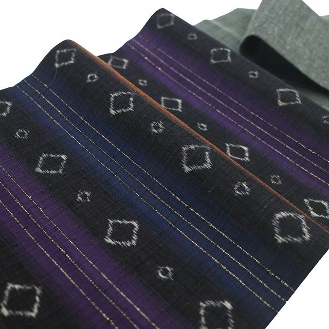 新古品】 名古屋帯 未使用 正絹 置賜紬 手織り 紬 九寸 濃グレー 紺 茶