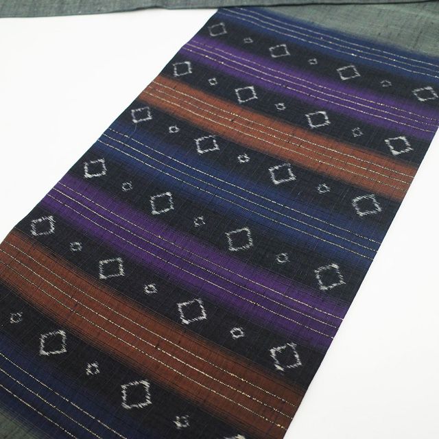 新古品】 名古屋帯 未使用 正絹 置賜紬 手織り 紬 九寸 濃グレー 紺 茶