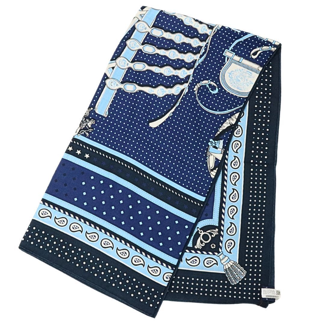 HERMES エルメス カレジェアン140 宮廷の馬具 マリン|ブルー|シエル カシミヤ ユニセックス ♥品 WA-00077