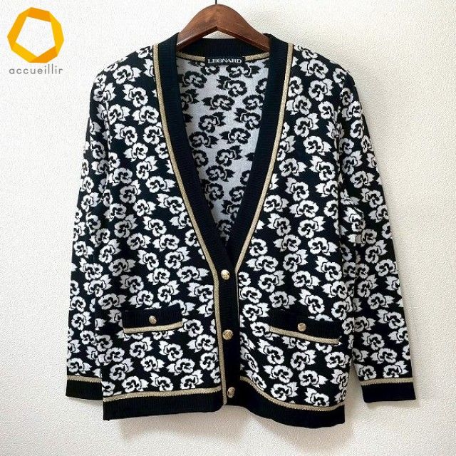 anc レオナール LEONARD カーディガン L 黒 白 ニット ゴールドラメ 花