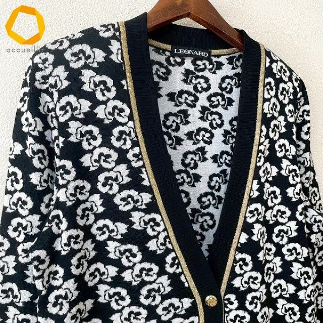 anc レオナール LEONARD カーディガン L 黒 白 ニット ゴールドラメ 花