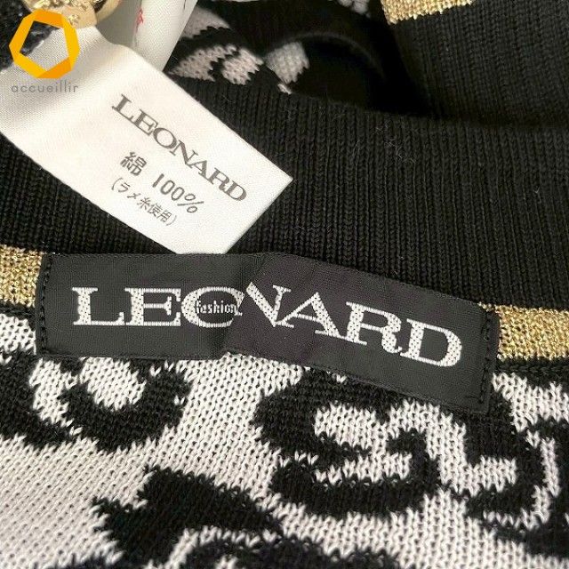 【未使用級】レオナール カーディガン 金ボタン ブラック Lサイズ 入手困難✨ レオナール カーディガン トップス 総柄 カンカン素材