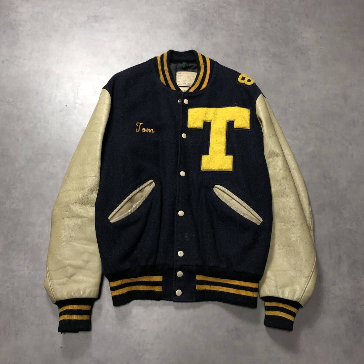 GQ4415◇DeLong : 80's-90's USA製 袖レザー スタジャン◇42◇ネイビー