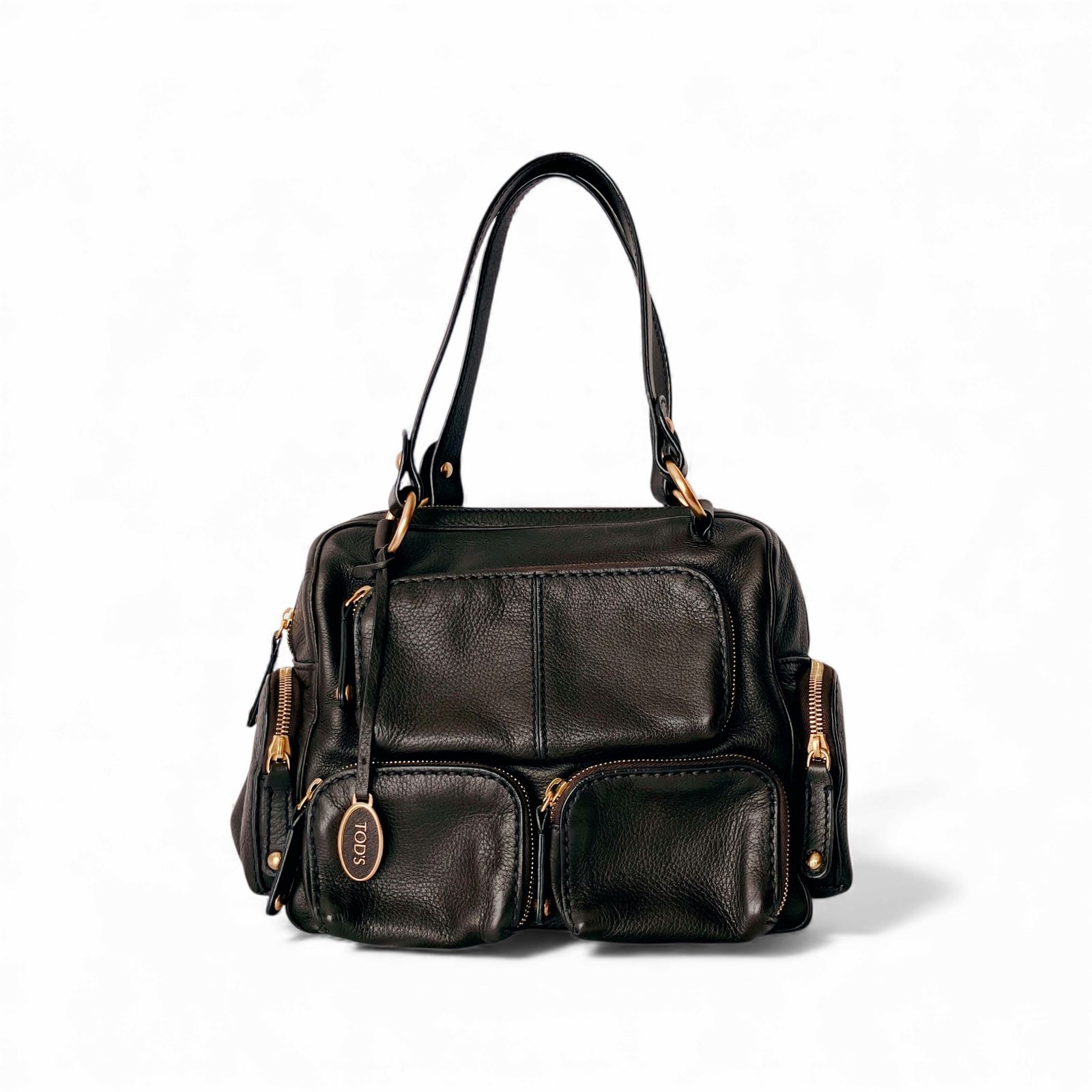 TOD'S トッズ ブラック レザー ハンドバッグ マルチポケット 多収納 TOD'S トッズ マルチポケット レザー ショルダー ハンドバッグ ダーク
