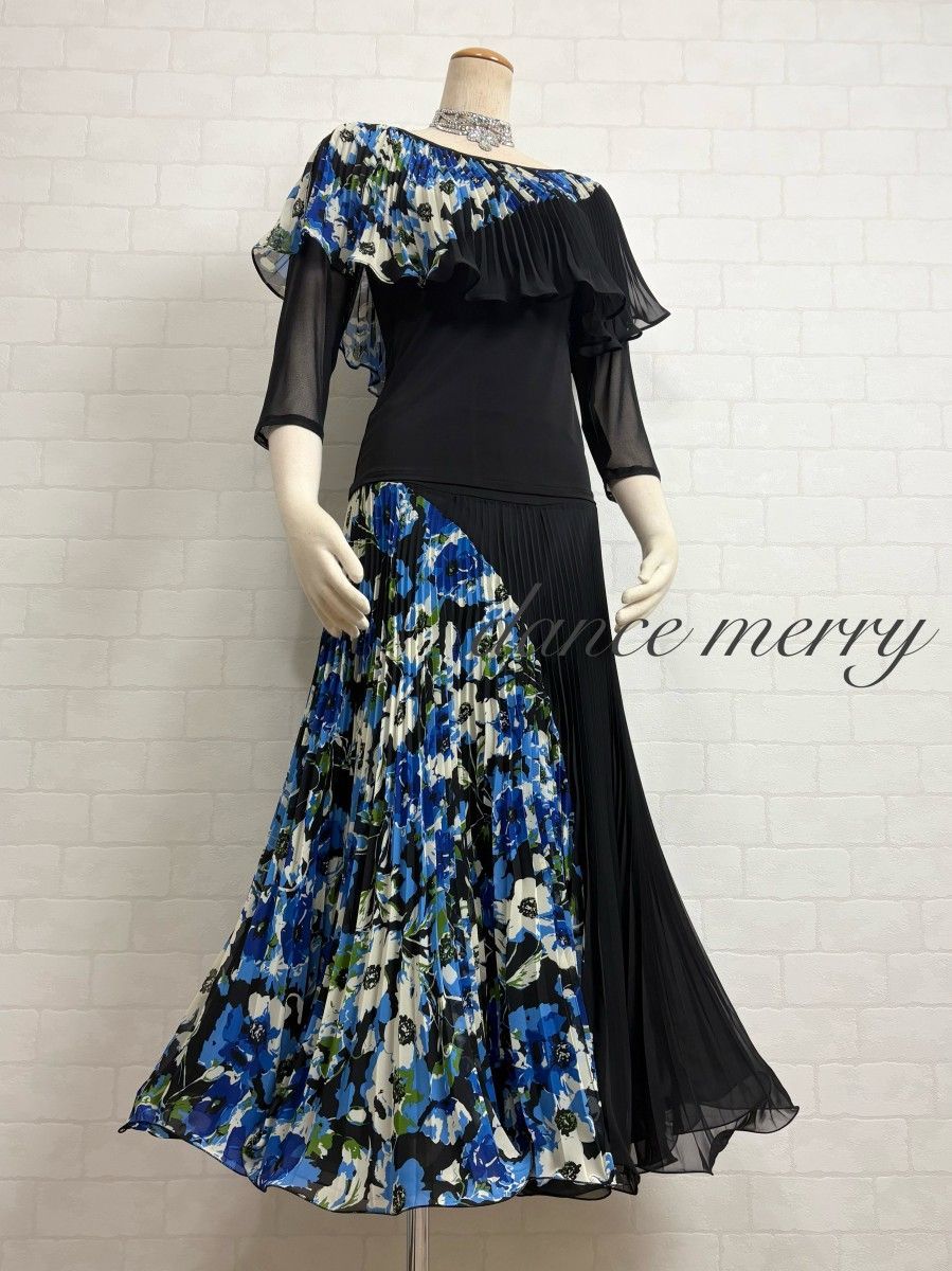 新品 社交ダンス プリーツ ツーピース 黒 青 ベージュ パーティ