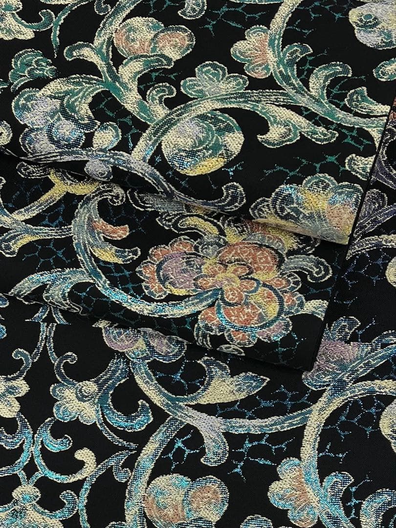 袋帯 七色 キラキラ 正絹 六通 黒地 D256 - メルカリ