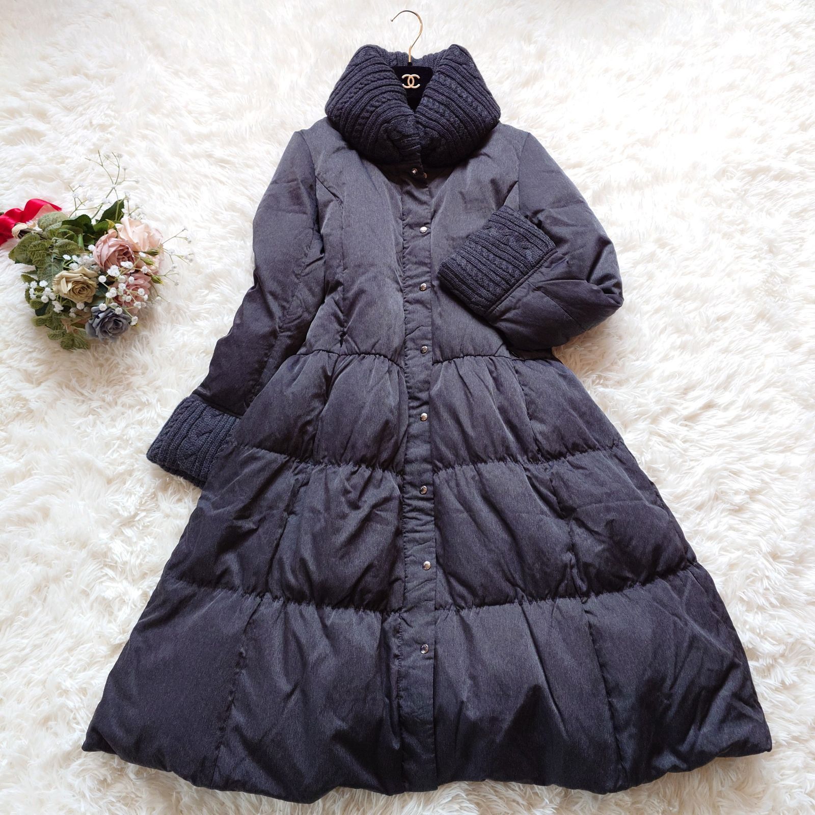 ヒロコビス HIROKO BIS ロング ダウンコート フレア ティアード ニット