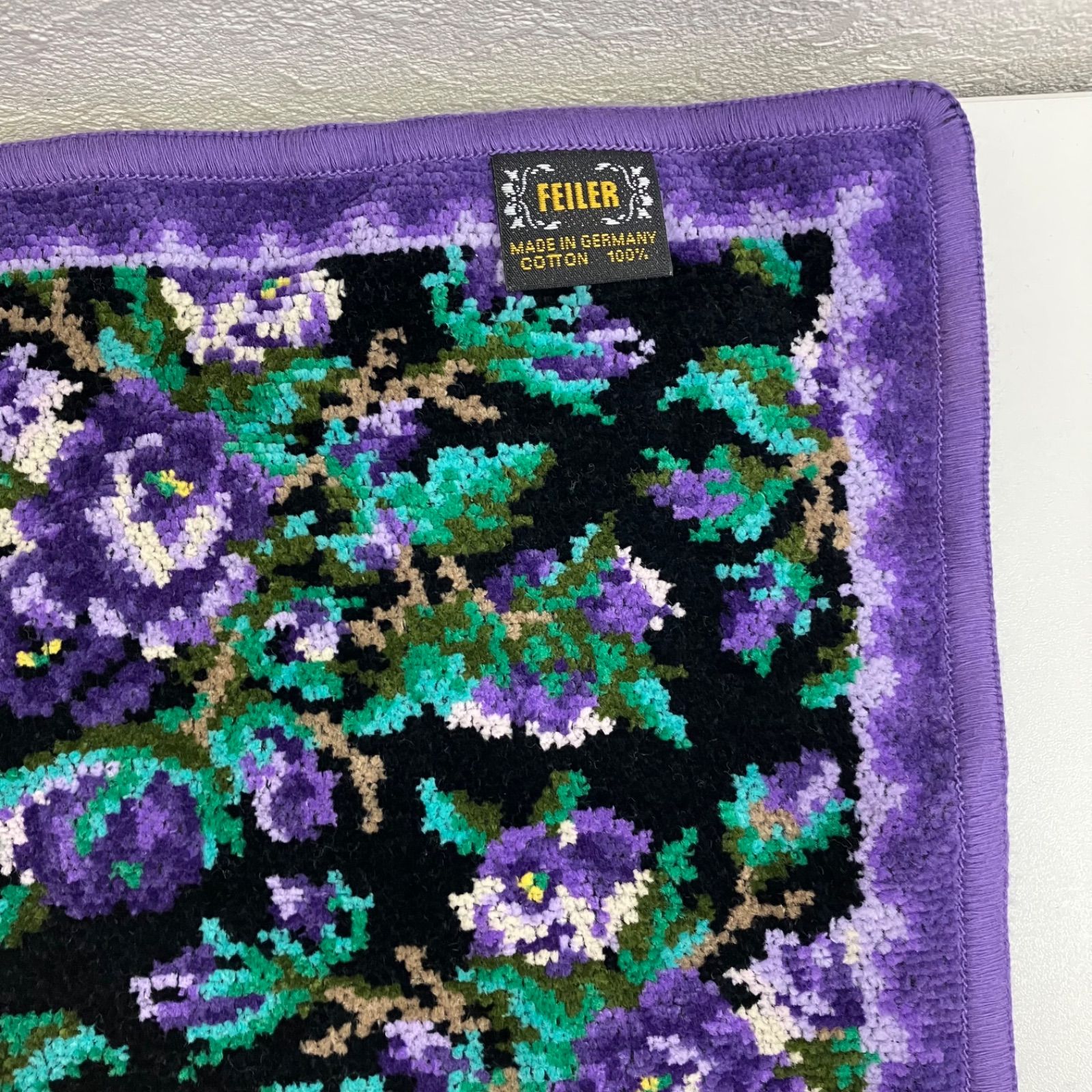 7767 美品 FEILER フェイラー ハンカチ ハンドタオル 花柄 ブラック