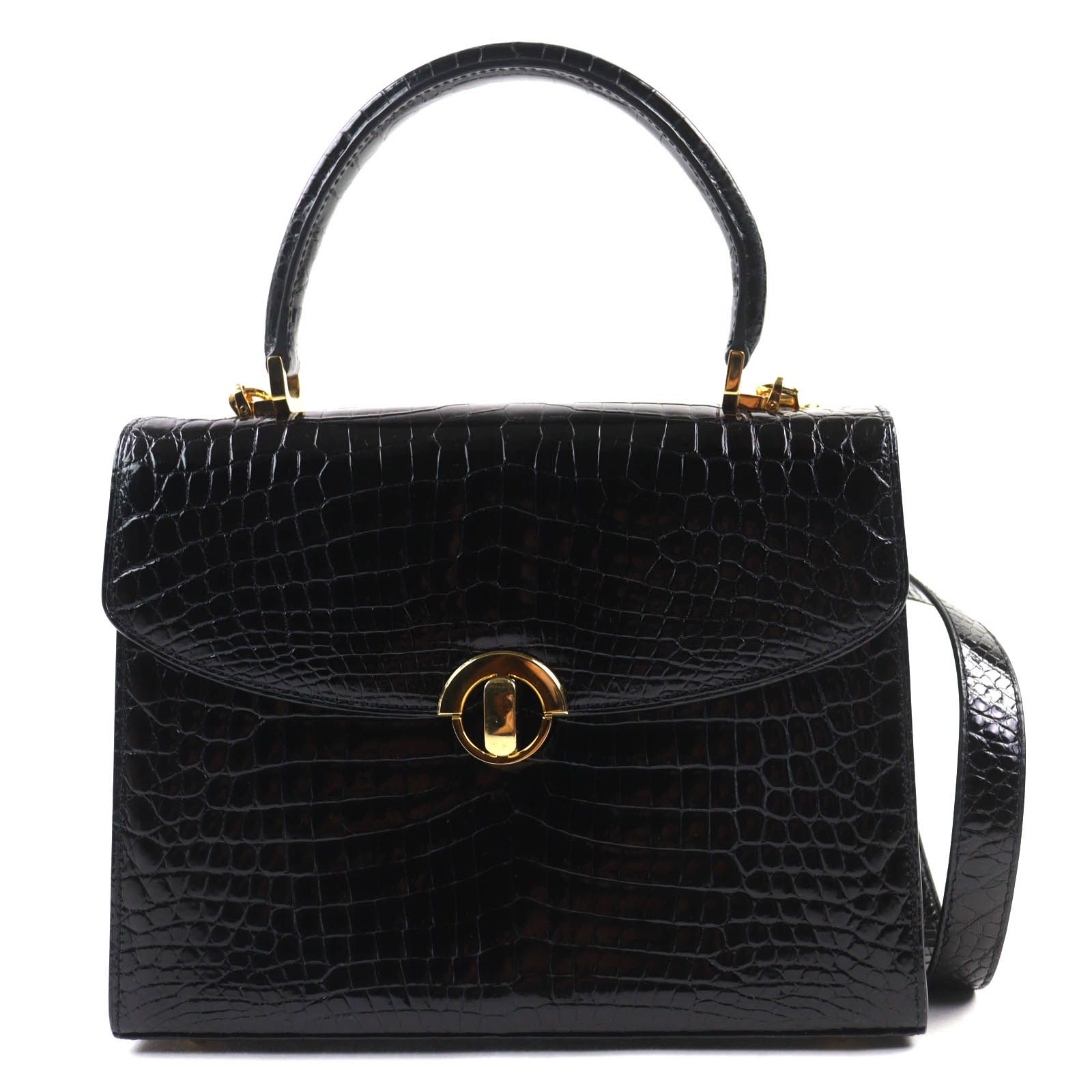 極美品 クワンペン レザー 2way ショルダー ハンドバッグ 黒 クロシェット 美品◇KWANPEN クワンペン シャイニークロコダイルレザー 2WAY