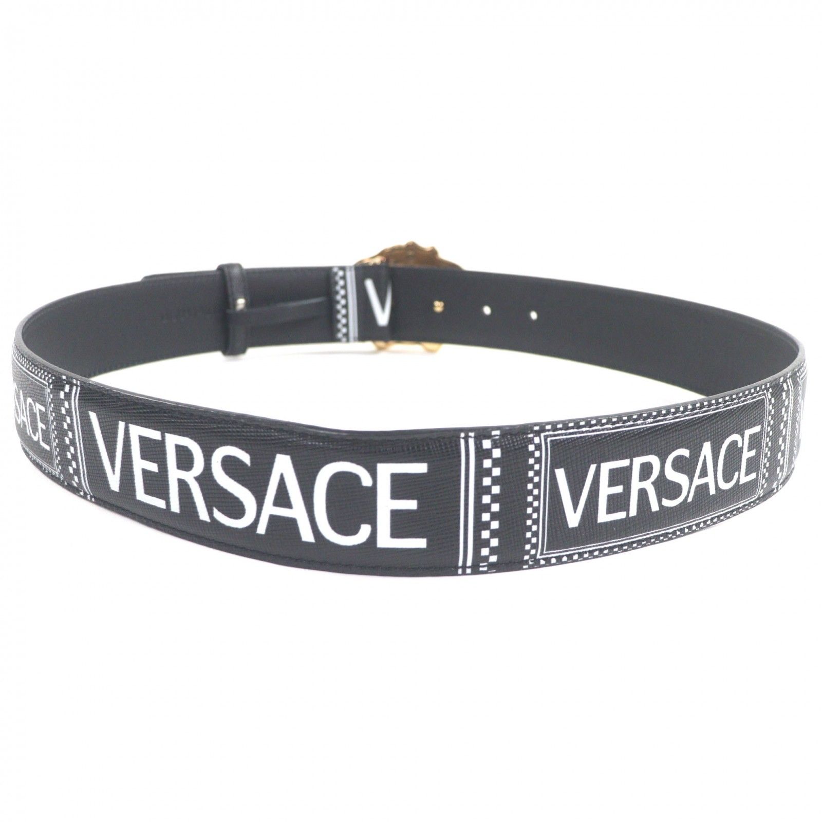 美品▽VERSACE ヴェルサーチ レザー メデューサバックル ロゴ総柄