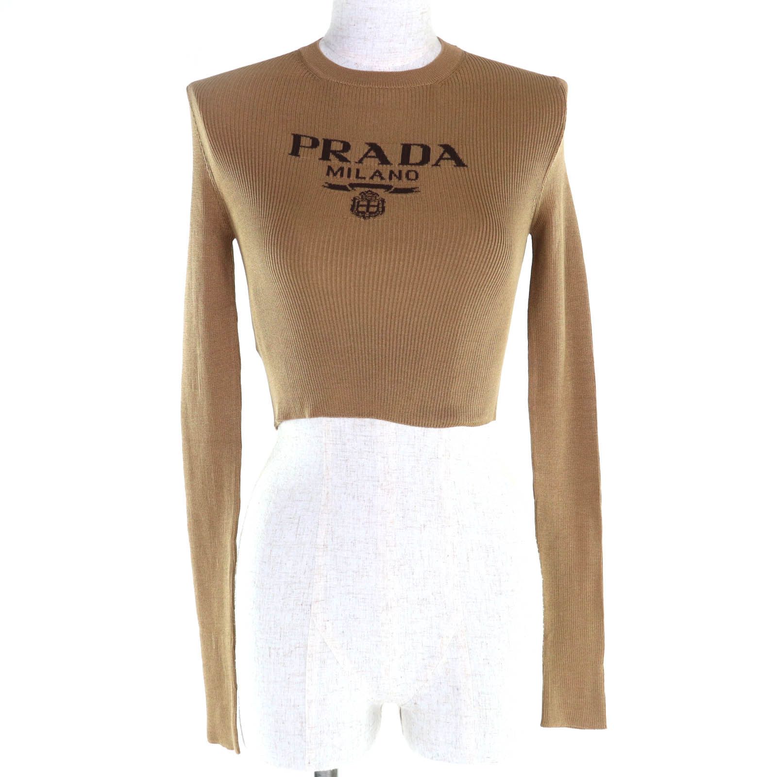 極美品◇PRADA プラダ 25SS P24S1G リサイクルシルク100％ ロゴ クロップドセーター 長袖ニット ブラウン 38 イタリア製 正規品 レディース 定価258,500円 極美品◇PRADA プラダ 25SS P24S1G リサイクルシルク100％ ロゴ