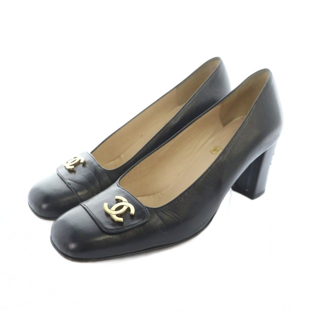 CHANEL パンプス　38 シャネル CHANEL パンプス チャンキーヒール スクエアトゥ レザー ロゴ