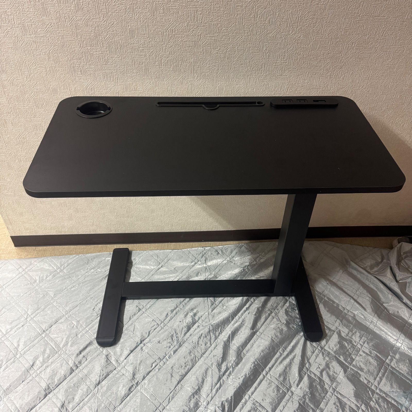 サイドテーブル昇降式 ガス圧昇降ベッドテーブル PCテーブル (ブラック