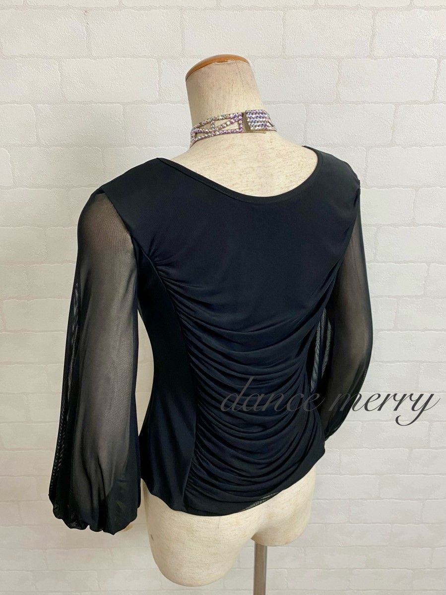 新品 長袖 社交ダンス トップス 黒 バルーン袖 レッスン ワルツ 2210