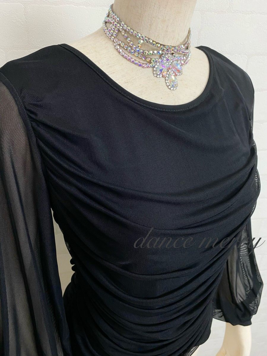 新品　豪華　社交ダンス　トップス　黒　長袖　バルーン袖　パーティ　1307 新品 豪華 社交ダンス トップス 黒 長袖 バルーン袖 パーティ 1307