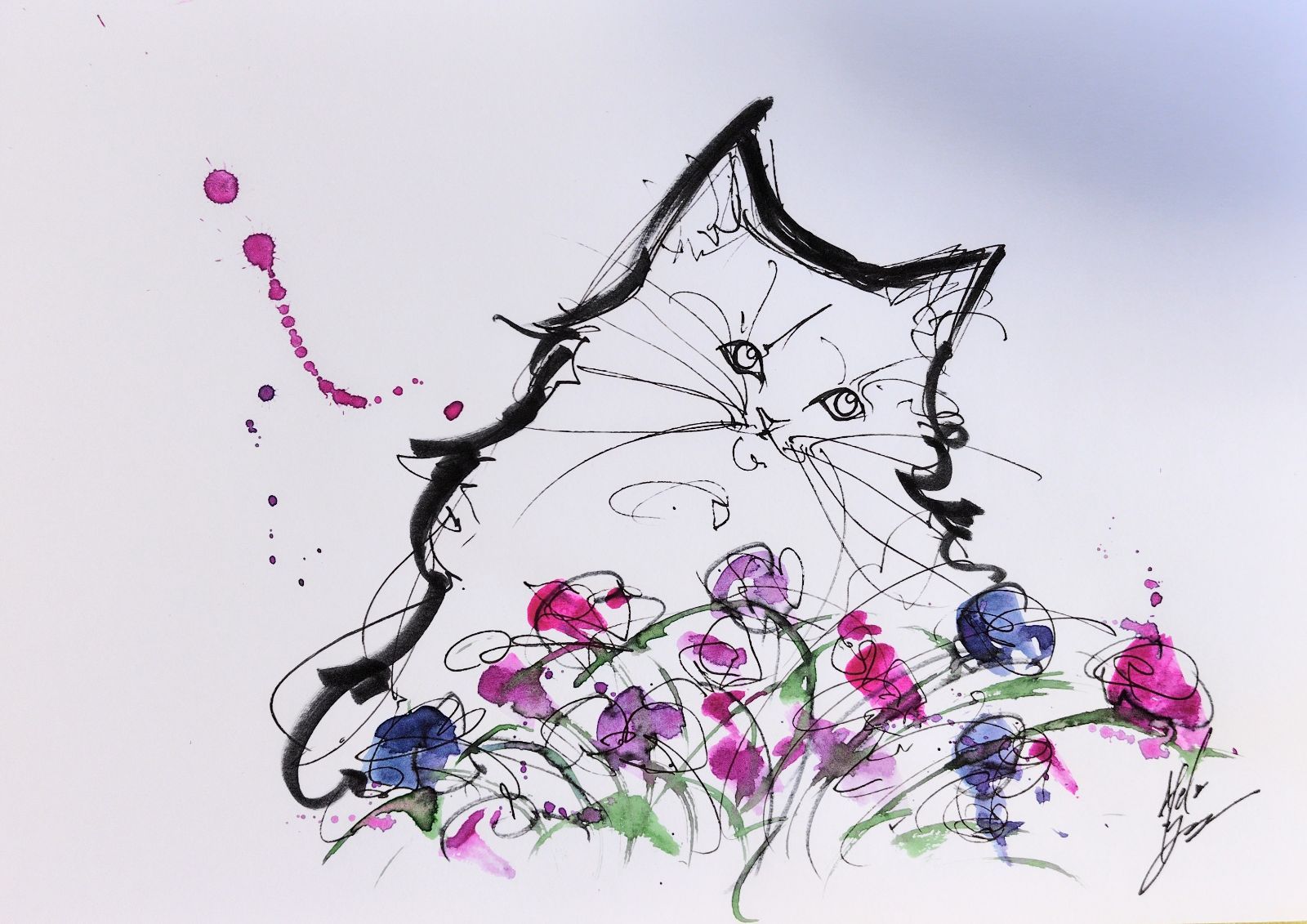 原画#93 猫 薔薇 花 イラスト 水彩画 ドローイング インテリア アート