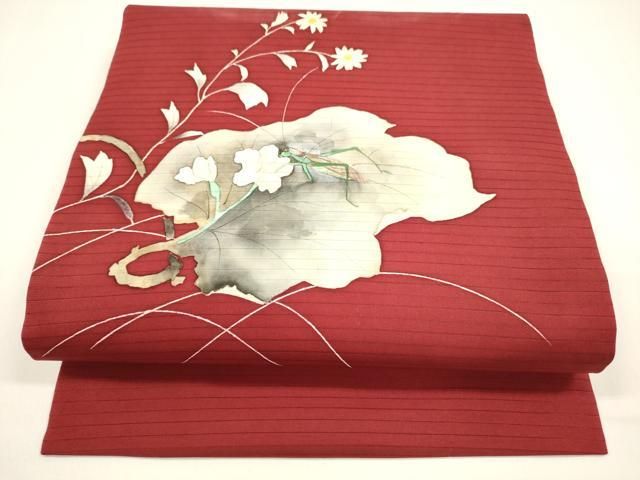 平和屋着物＊夏物 絽塩瀬 つけ帯 手描き 飛蝗草花文 正絹 逸品