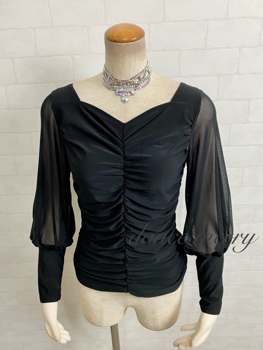 難あり特価 新品 社交ダンス バルーン袖 長袖 トップス 黒 ギャザー