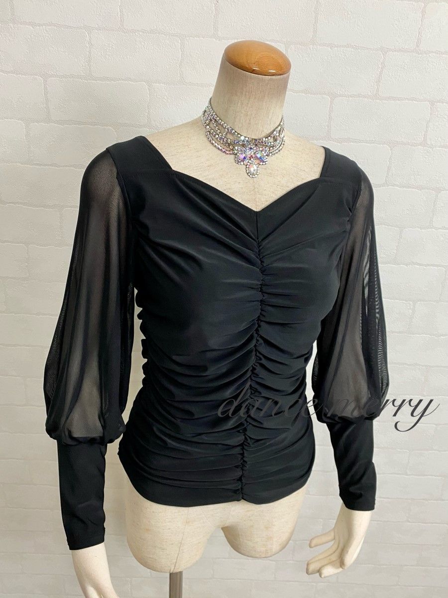 難あり特価 新品 社交ダンス バルーン袖 長袖 トップス 黒 ギャザー